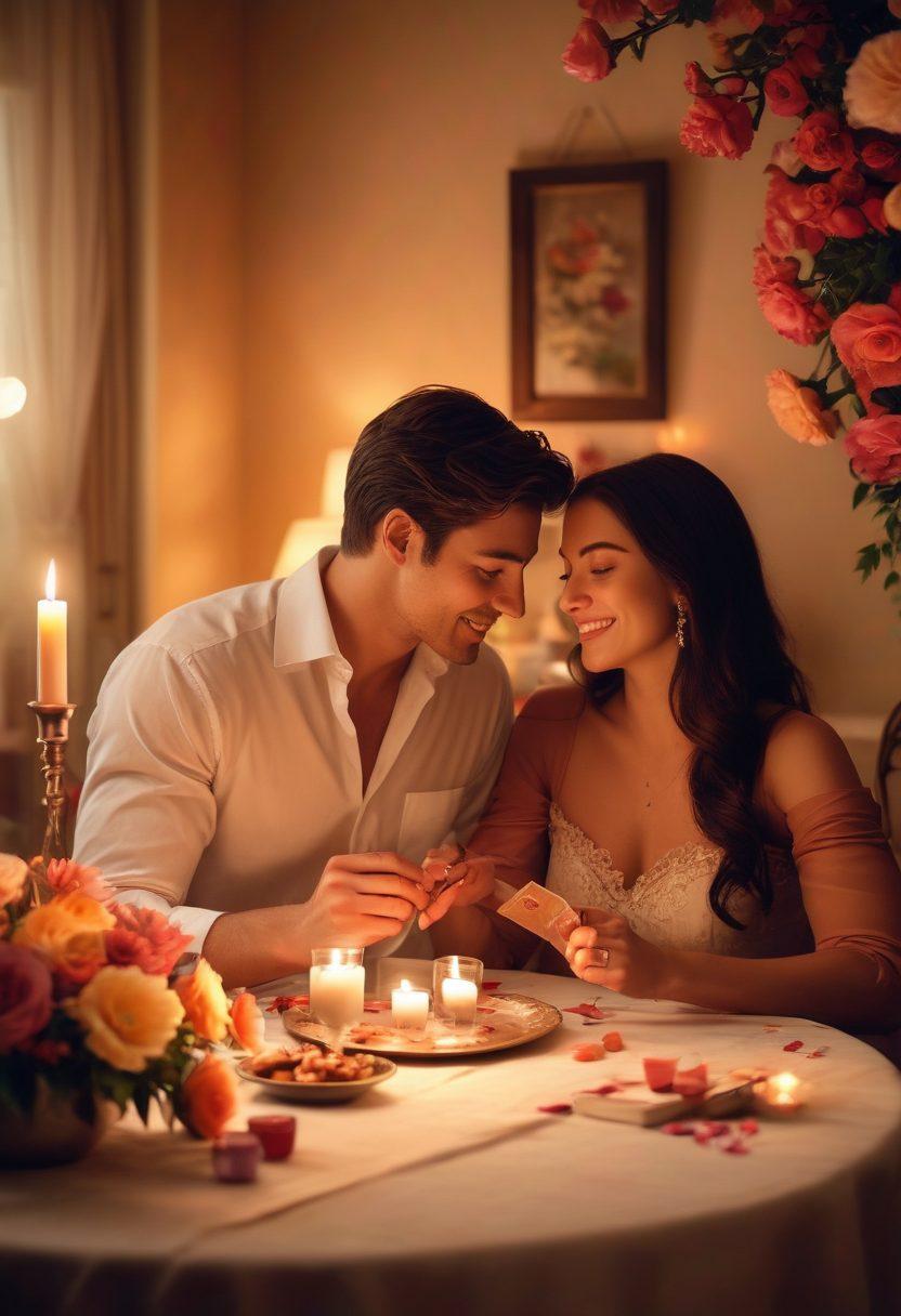 A romantic scene depicting a couple enjoying a cozy, candle-lit dinner, surrounded by soft, warm lighting and lush flowers. The background features intertwined hearts and symbols of affection, such as chocolates and love letters. Add subtle hints of intimacy and connection, like holding hands across the table. Capture joyful expressions and body language that exudes satisfaction and happiness. colorful and warm tones. super-realistic.
