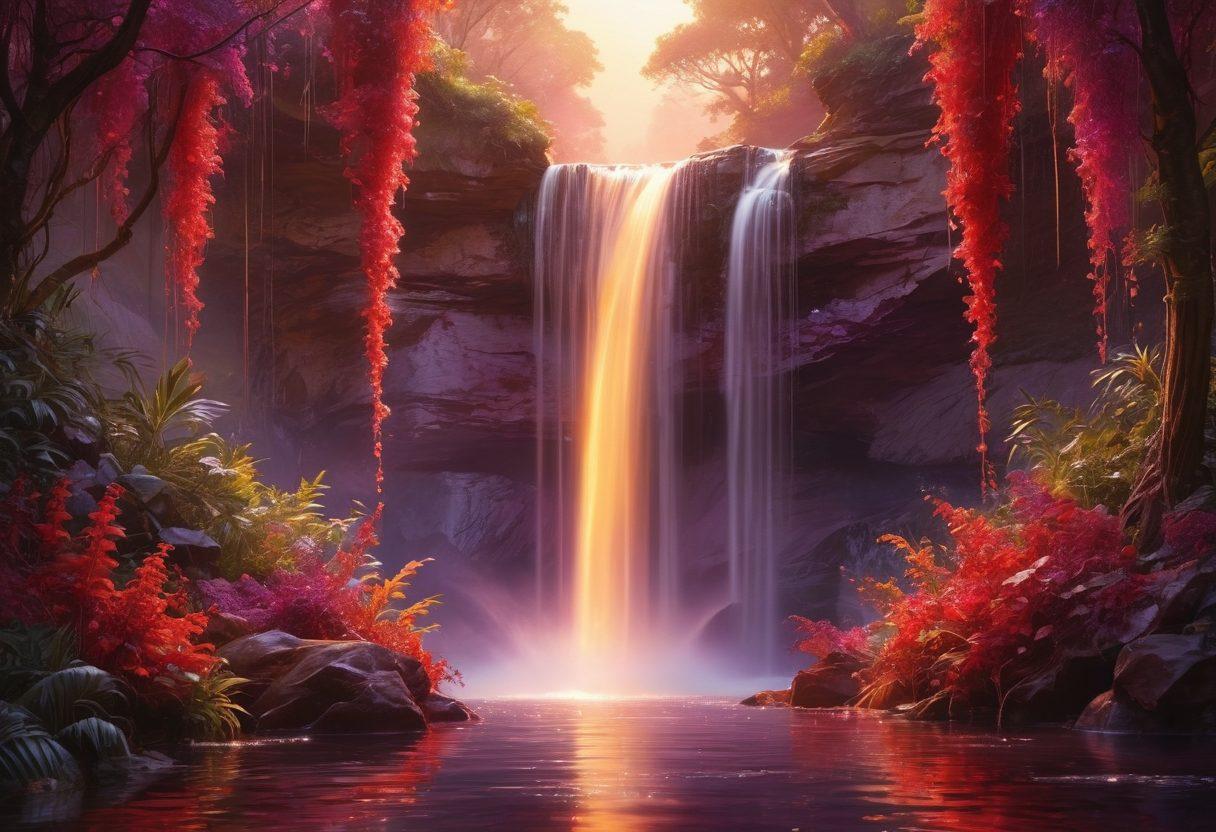 An inviting and ethereal landscape representing the essence of sexuality, featuring cascading waterfalls made of shimmering silk, surrounded by lush flora in deep shades of red and violet. Ethereal figures embodying joy and pleasure intertwine harmoniously with nature, radiating warmth and connection. The scene is illuminated by soft, golden light that evokes a sense of intimacy. super-realistic. vibrant colors. mystical atmosphere.