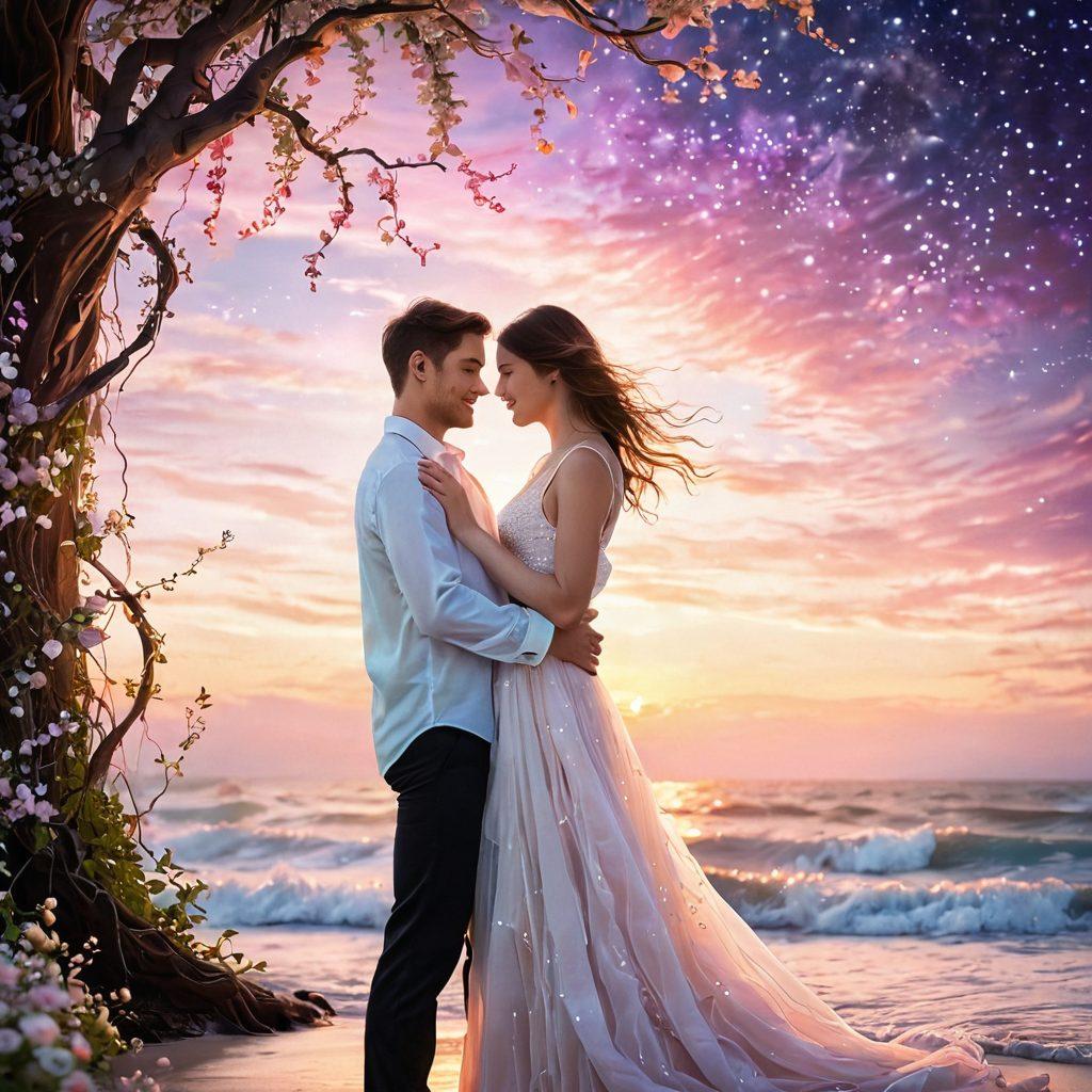 An ethereal couple connecting in a serene, dreamlike setting, surrounded by soft pastel colors that evoke warmth and passion. The background features flowing waves and twinkling stars, symbolizing deep emotional bonds and intimacy. Subtle elements of nature, like intertwining vines and blossoms, add a touch of romance. The couple's expressions exude joy and fulfillment. soft focus. vibrant colors. romantic atmosphere.